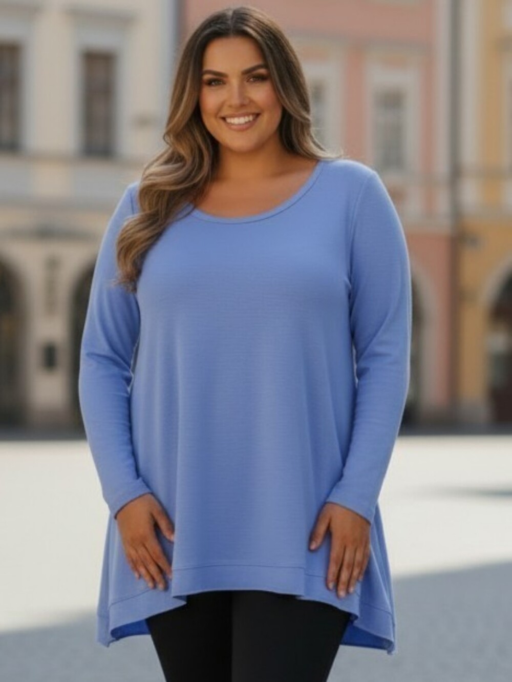 AVENUE Urban High Lo Slub Scoop Neck Long-Sleeve Top - Light Blue